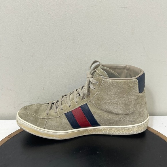 Gucci Sneakers Mens Size 8G Beige Suede Web Stripe High Top Sneakers Italy